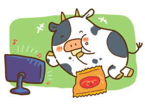 ビデオを観る牛さん