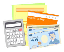 お金、電卓、通帳